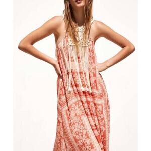 Zara Paisley Fringe Maxi Dress Woman Size XS-S Sleeveless Red White Sleeveless